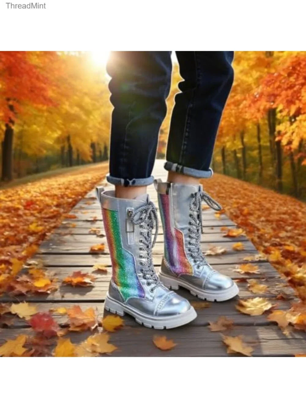 Girls Faux Leather Knee High Combat Boots Sparkly Rainbow Winter Lace Up Side